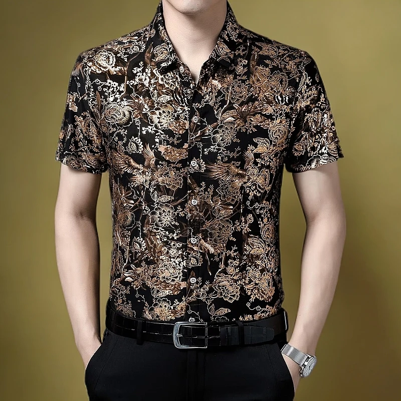 夏季中年男士短袖冰丝翻领印花衬衫薄款抗皱免烫提花半袖宽松烫金
