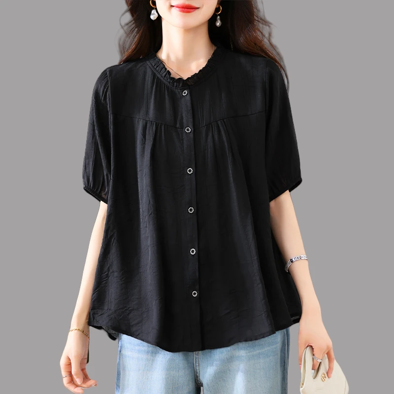 黑色圆领木耳边短袖衬衫女2025夏季新款时尚减龄宽松显瘦休闲上衣