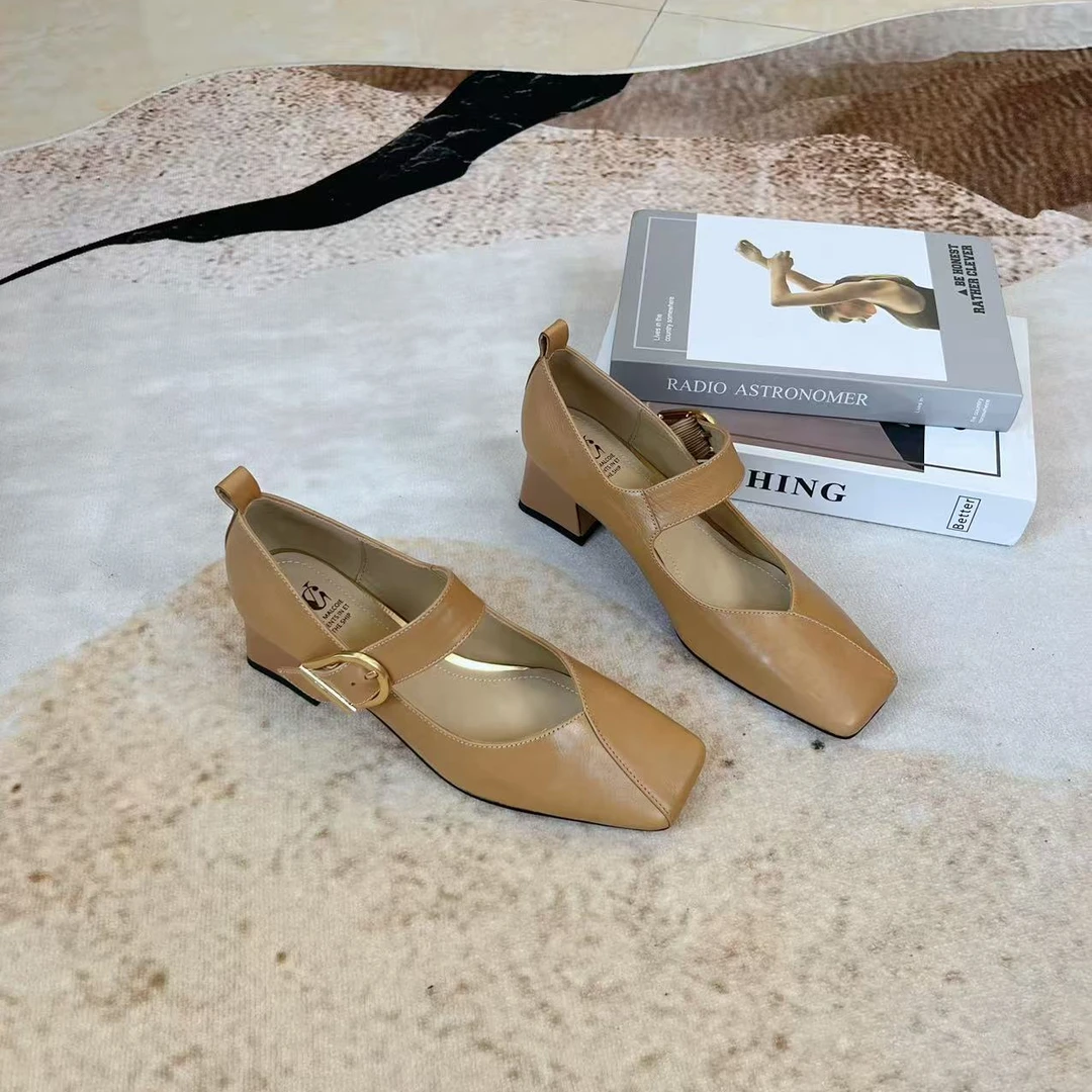 范戈希跟5cm牛皮玛丽珍鞋方头四季粗跟单鞋跟鞋乐福鞋浅口买1赠3