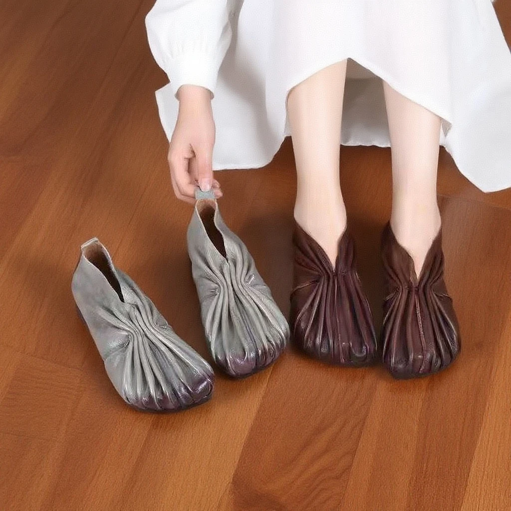 2025秋季新款真皮平底一脚蹬复古褶皱软底休闲百搭凉鞋2368-28