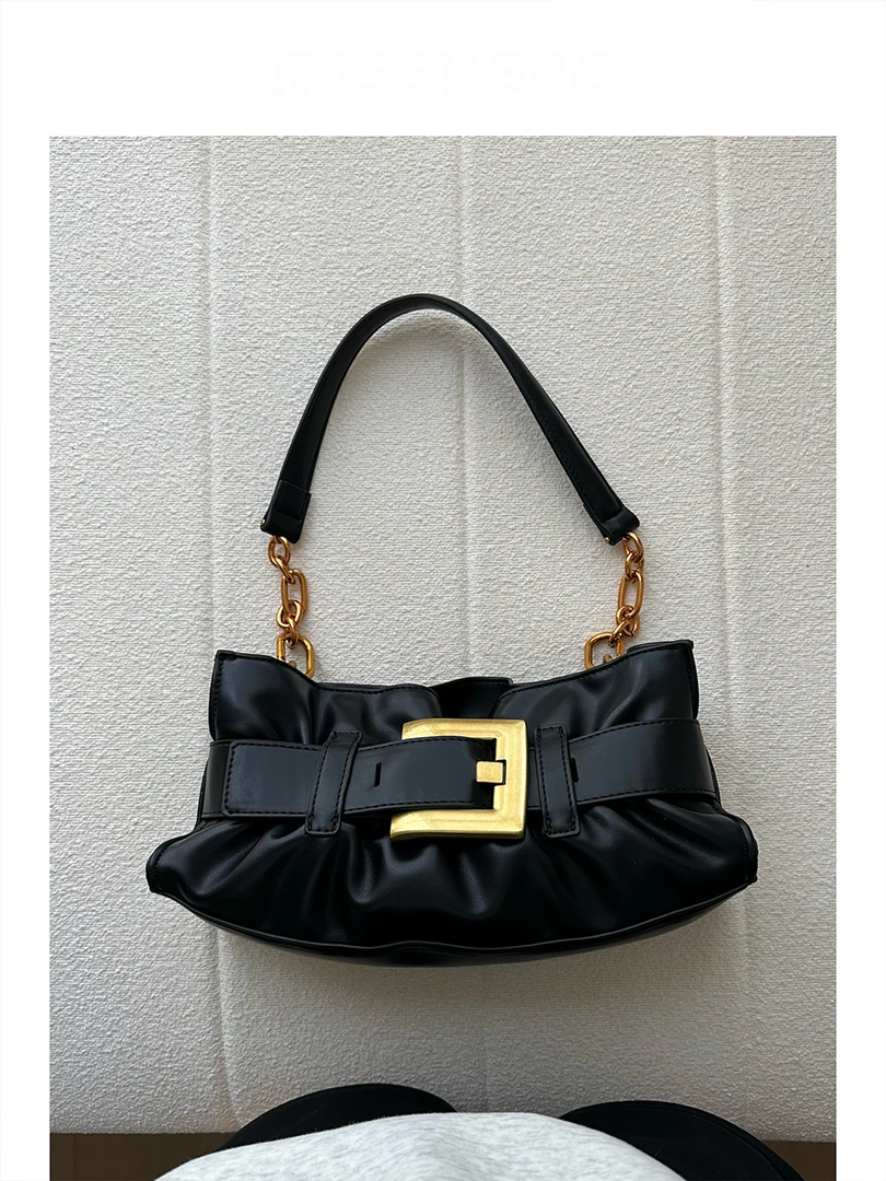 CHRONOS&AIRS褶皱方扣腋下包百搭复古软皮单肩纯色包包女小众高级