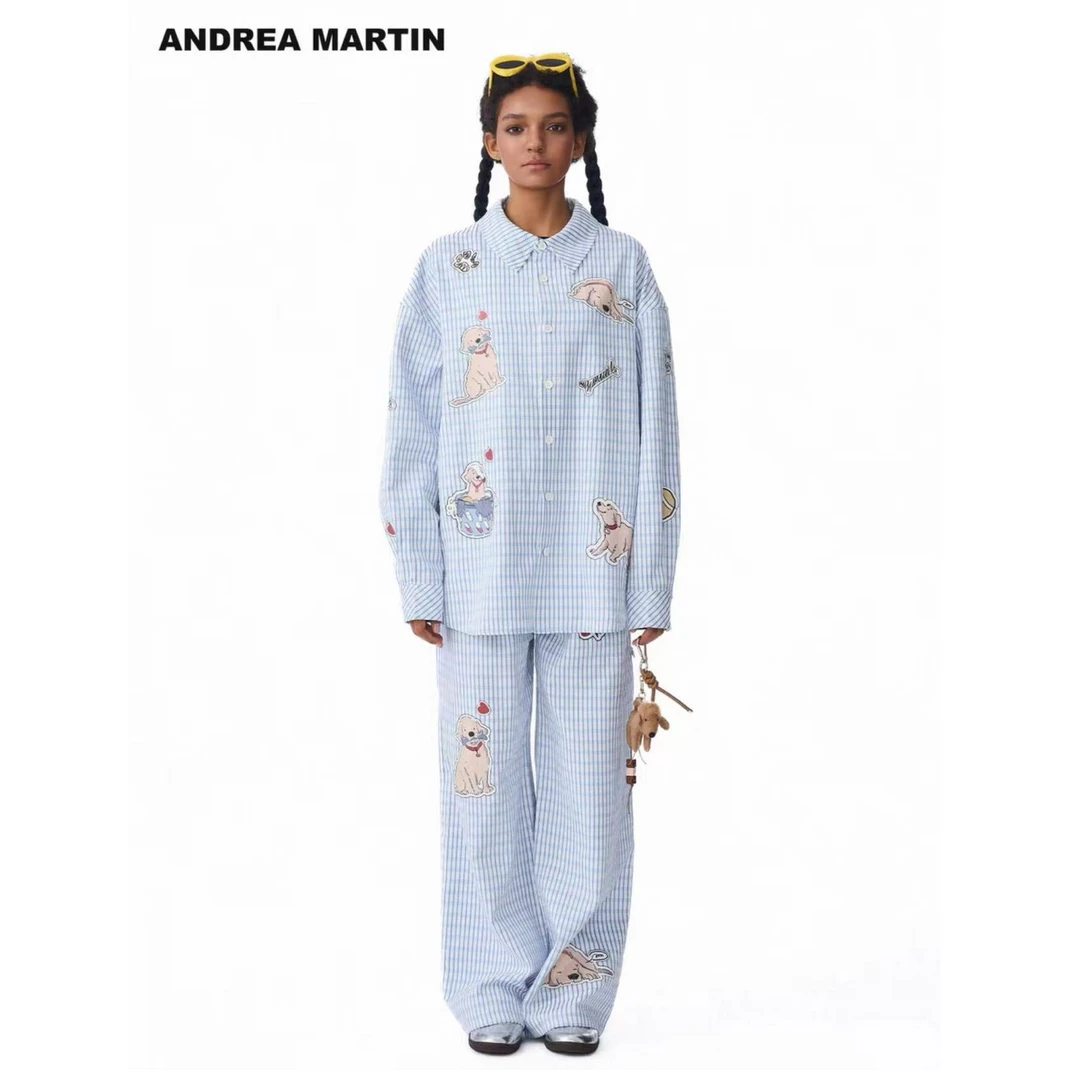 Andrea Martin 25新款格纹印花小狗长袖衬衫休闲裤