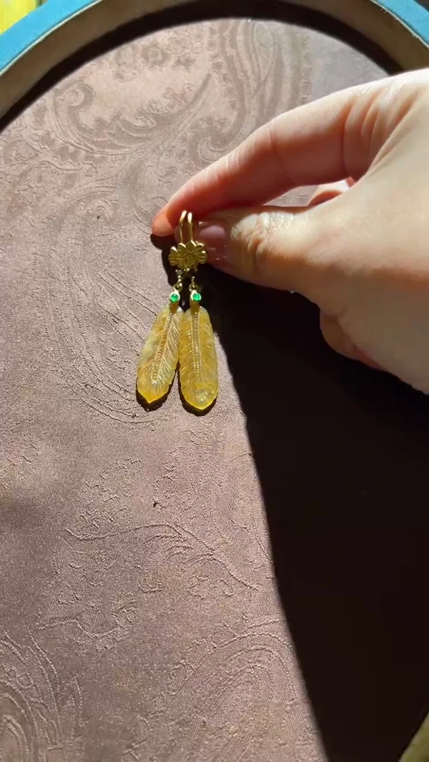 银S925镀金镶嵌翡翠耳环红翡绿翠