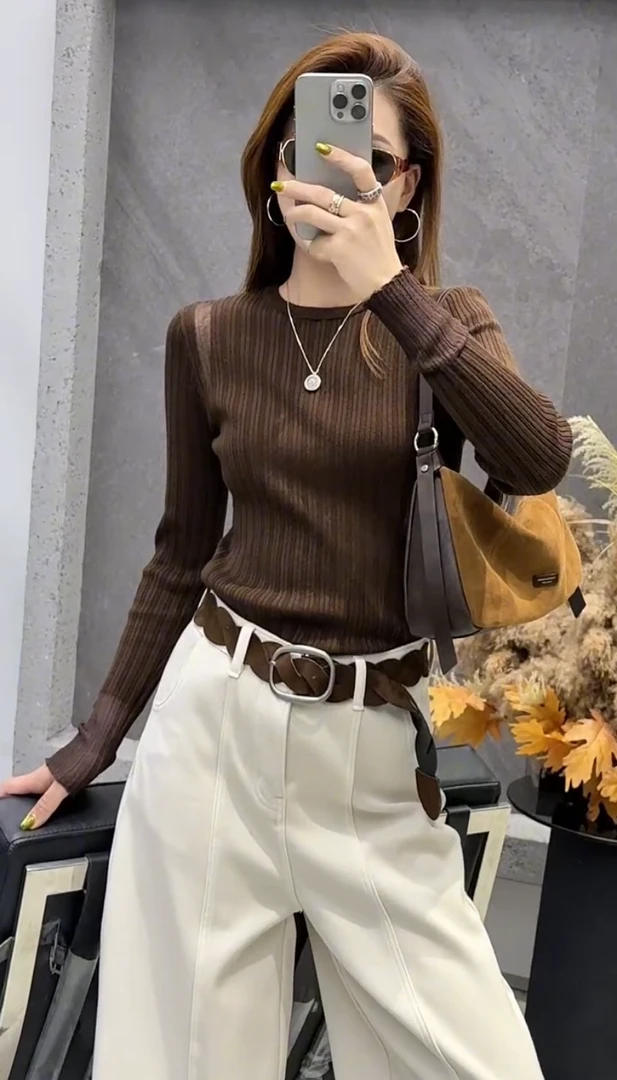 欧货2025秋冬新款简约高级拼接网纱镂空高领长袖显瘦百搭针织上衣