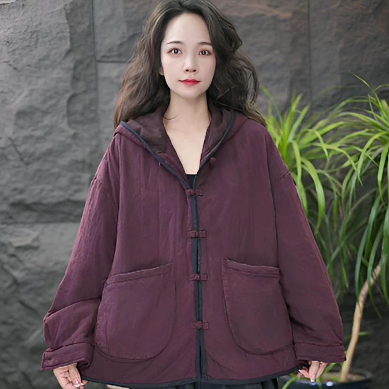 JJ宽松型长袖棉衣秋冬拼接女装连帽纯色棉服复古保暖加厚休闲