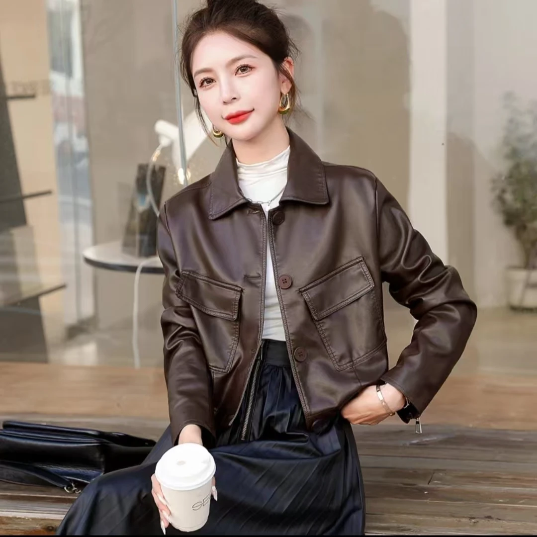 春秋季新款韩版修身PU皮短款翻领女式皮衣外套小个子外套