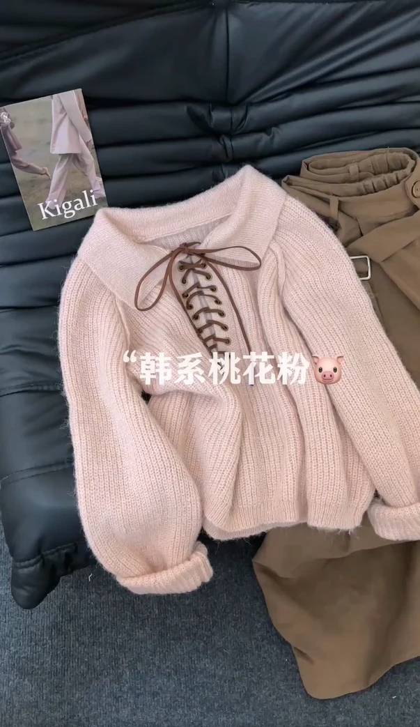 复古半开领绑带毛衣女秋冬韩系高级感polo领宽松加厚针织衫厚上衣