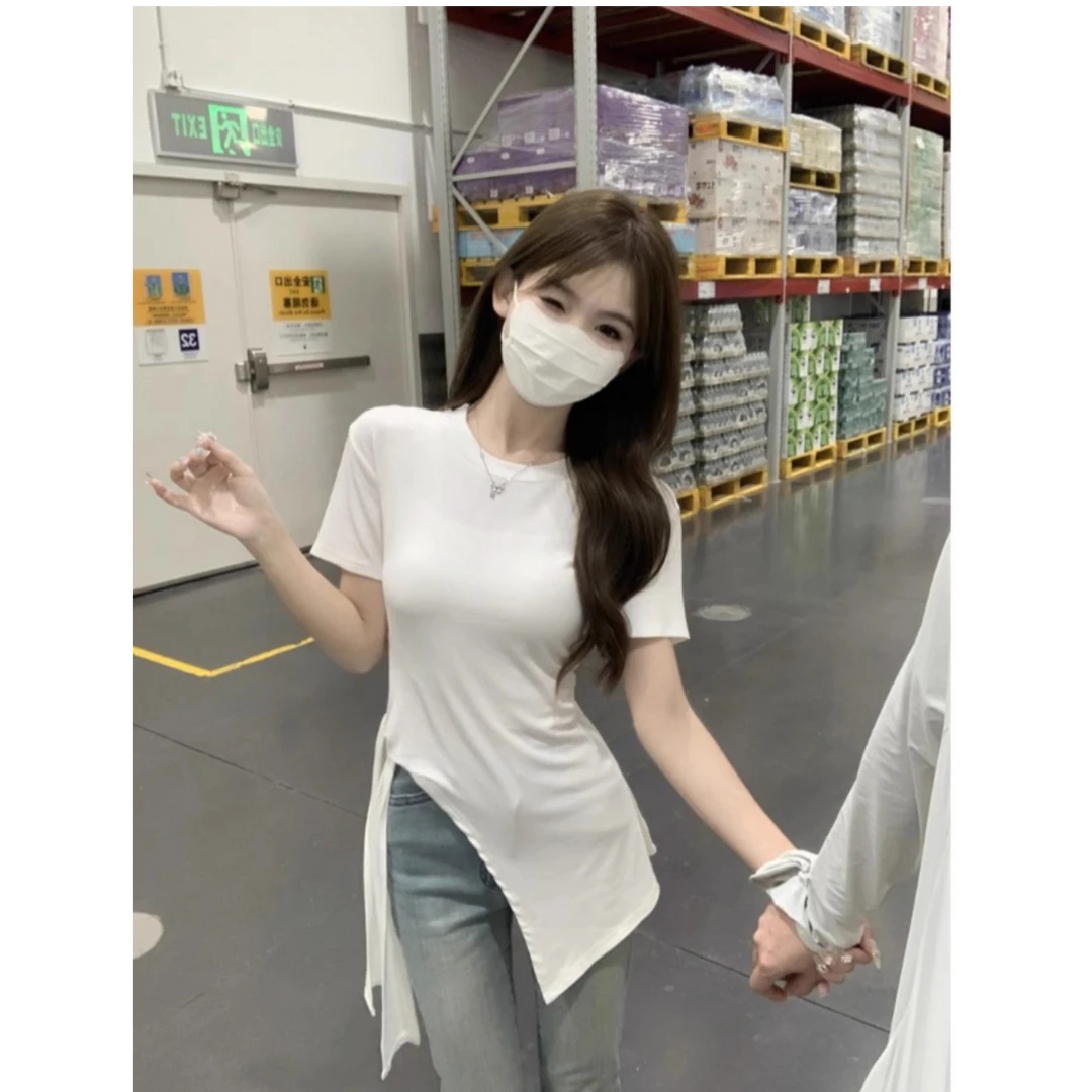 下摆不规则T恤女圆领显瘦短袖打底衫设计感韩系上衣辣妹绑带8001