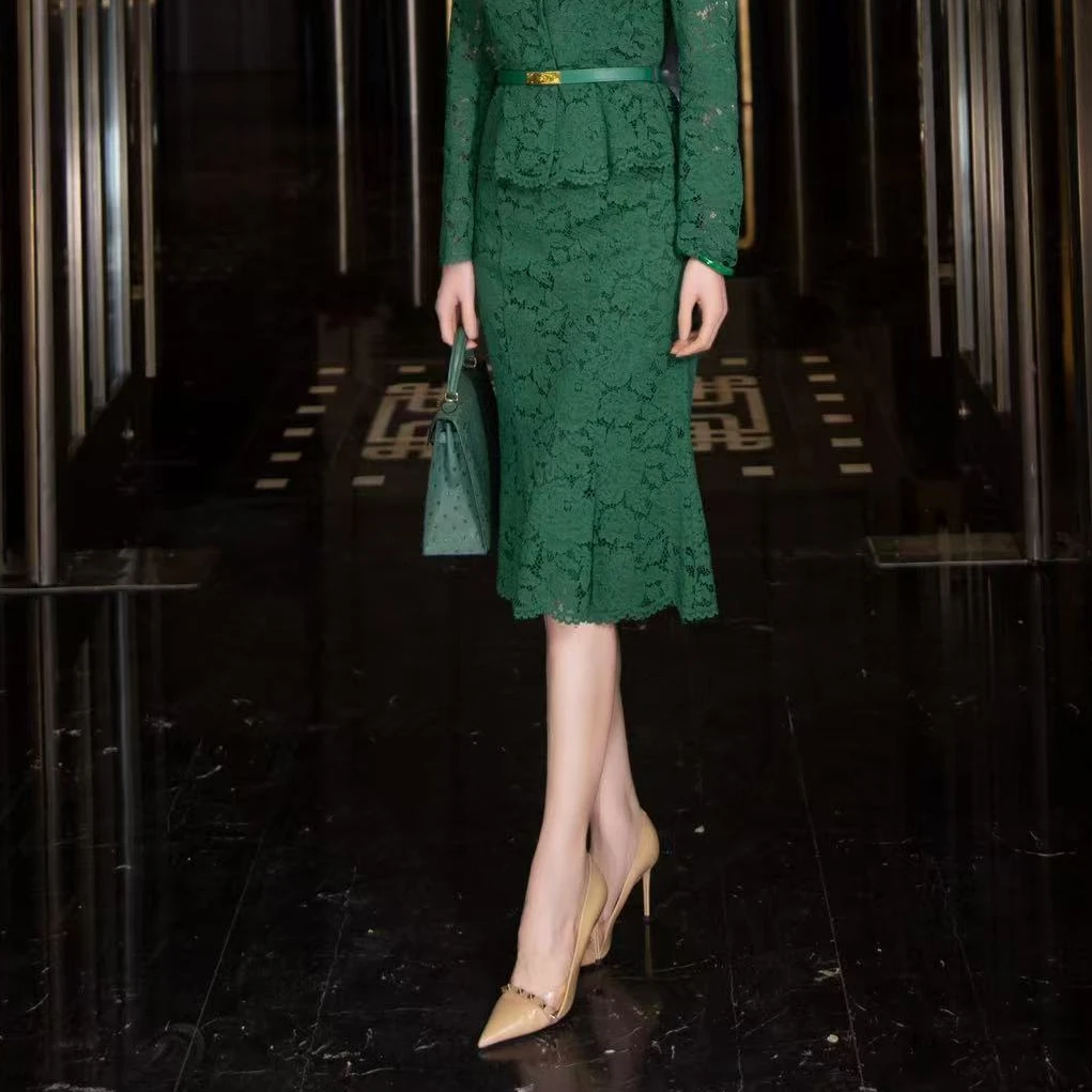 EDFNOT/杨红霞汝意FS孔雀蓝/墨绿色小鱼尾蕾丝半裙/FS-F25009