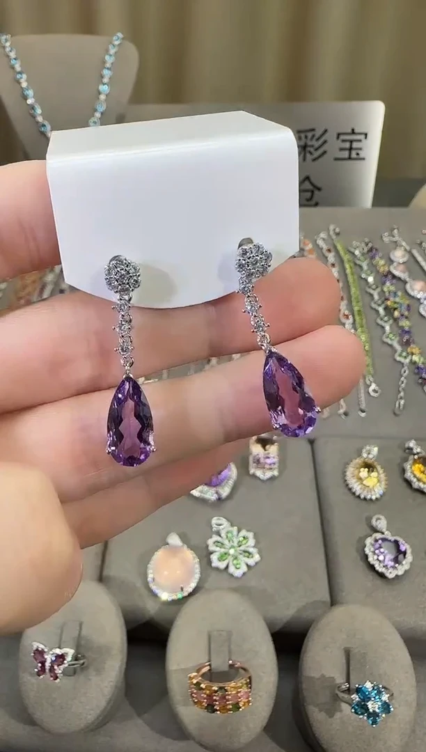 银S925镶嵌耳饰紫晶8*14mm耳坠水滴款