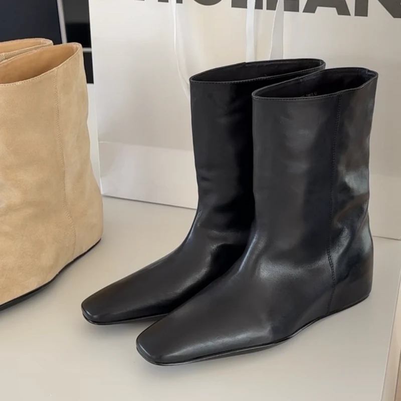 诗歌兰女靴2025新款真皮轻奢短靴时尚复古内增高时装靴女621-220