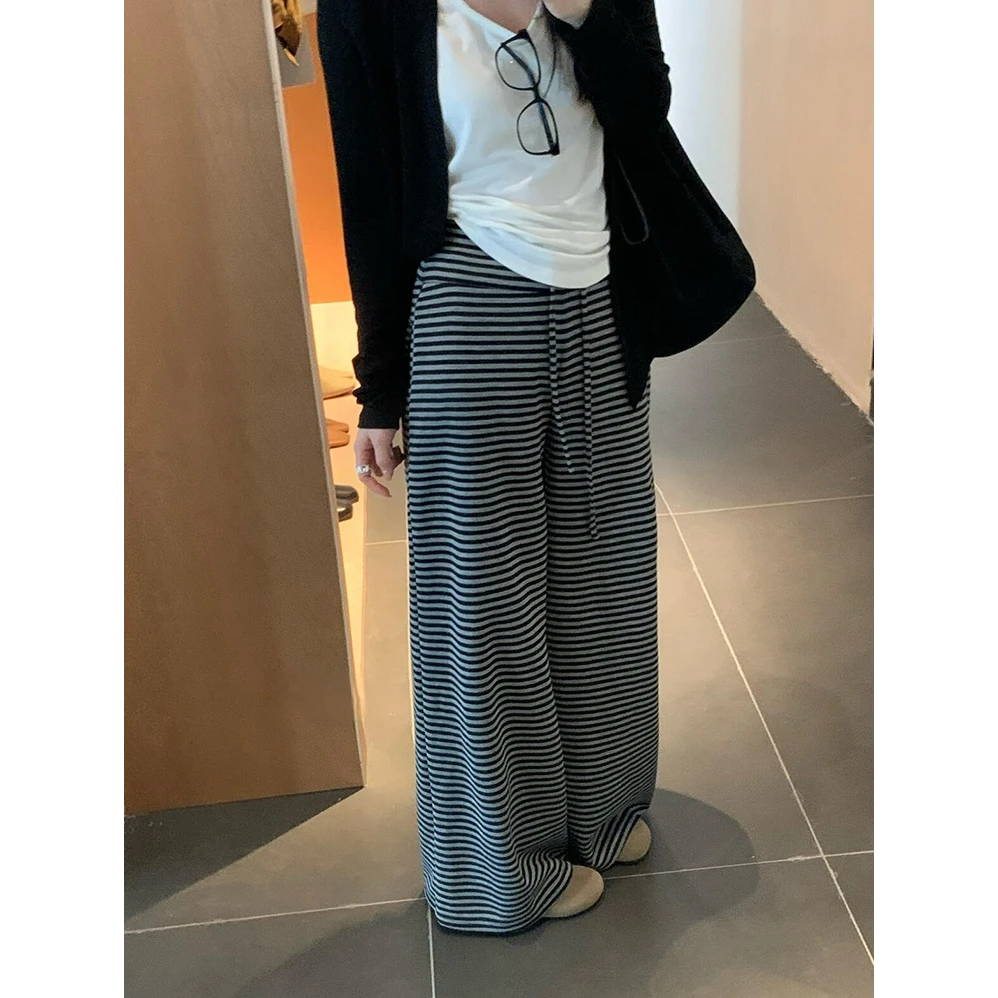 韩版高腰显瘦抽绳直筒长裤女舒适百搭宽松遮胯垂感条纹休闲裤