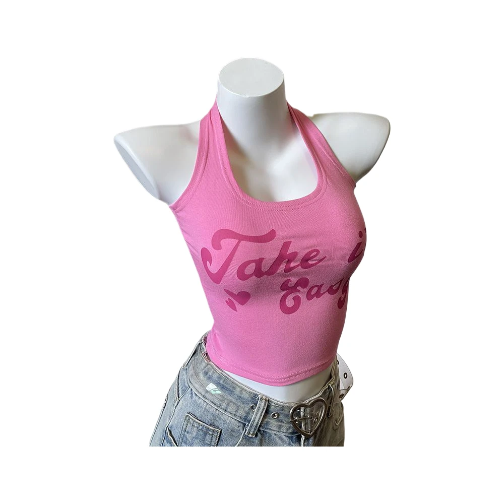 时尚印花字母无袖修身吊带背心U领显瘦百搭夏季甜美风格可外穿女