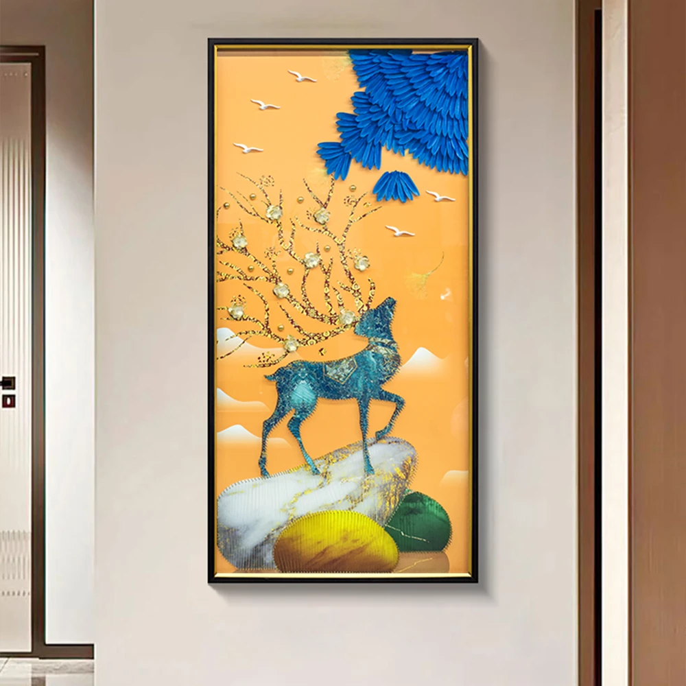 客厅装饰画轻奢入户玄关手工制作实物挂画过道竖走廊立体鹿80160