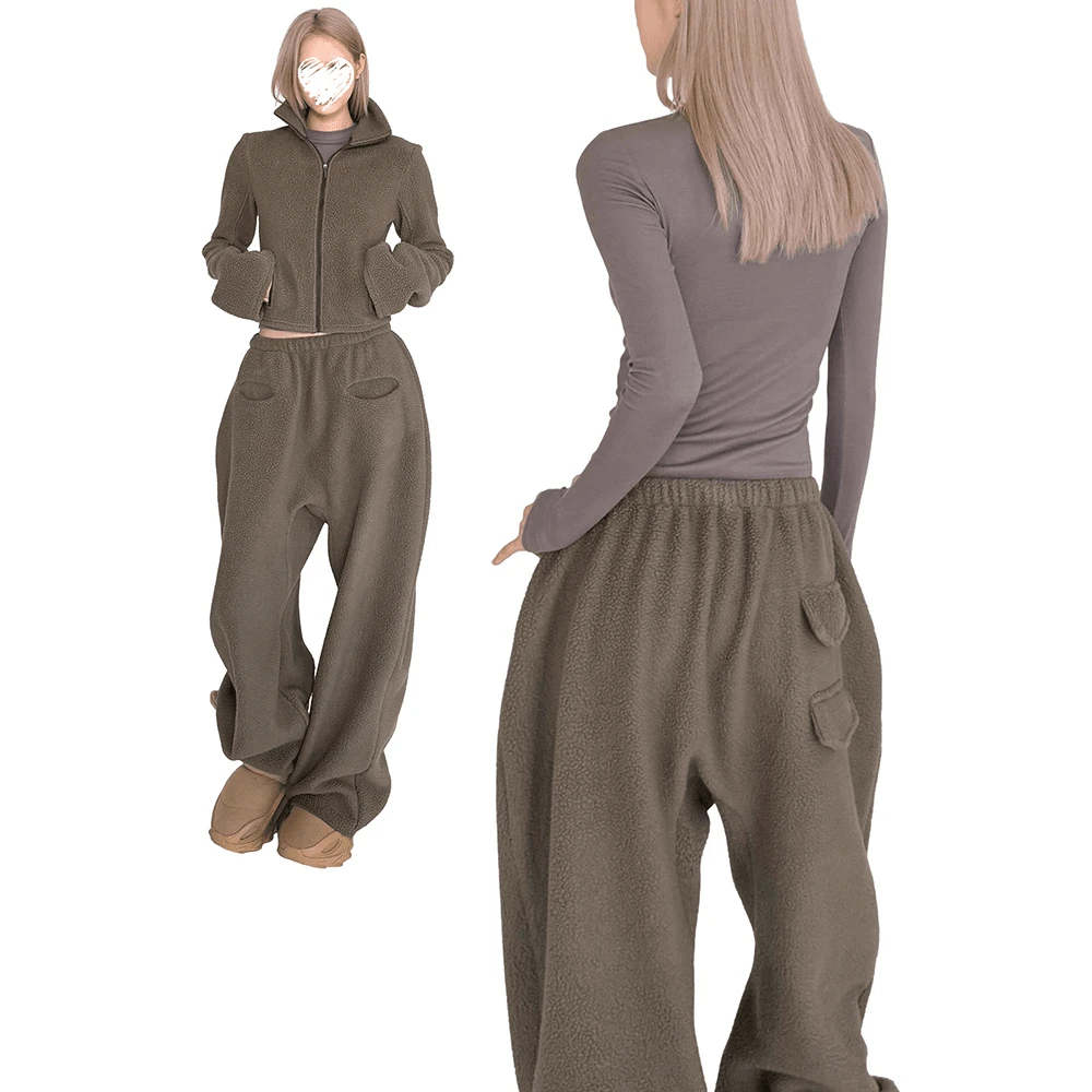 韩系小个子休闲运动风短款连帽卫衣开衫外套女冬宽松阔腿长裤卫裤