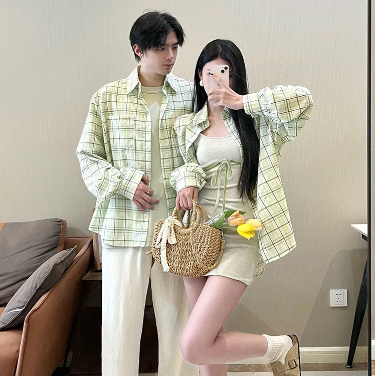 情侣装春季绿色印花上衣格纹运动风休闲衬衫吊带连衣裙内搭T恤