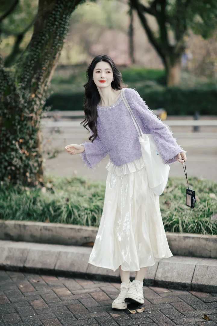 2025早秋新款两件套穿搭紫色毛衣上衣女搭配半身裙气质洋气套装女