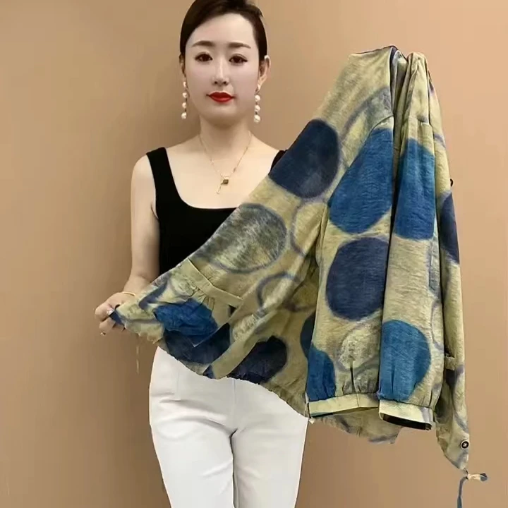 防晒外套夏季薄款七分袖百搭印花衬衫2025新款宽松休闲大码妈妈装