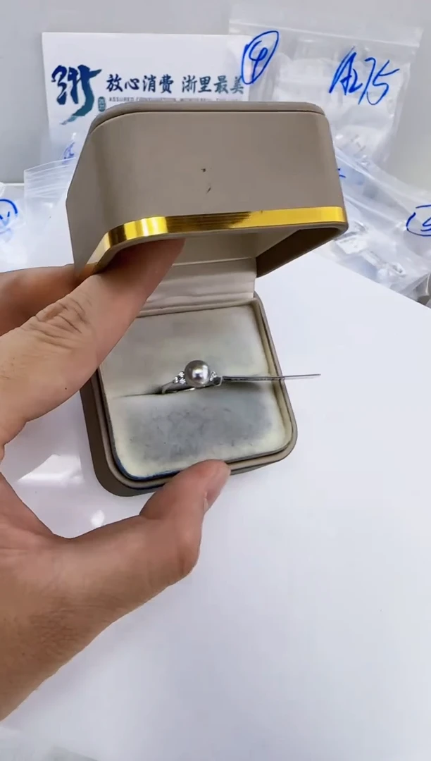 银S925镶嵌海水珍珠DA海水灰珠戒指8-9 y475