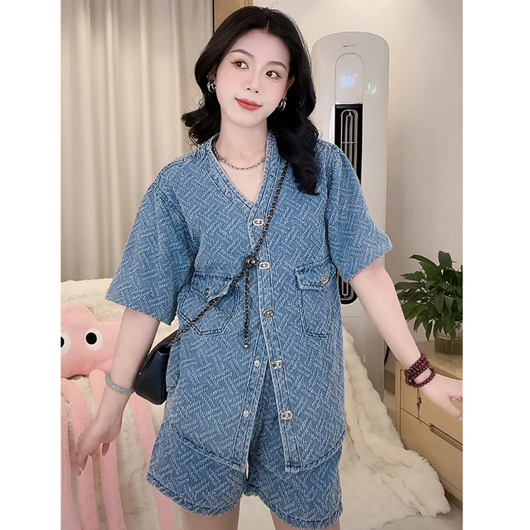 提花软牛仔套装女夏季2025气质新款休闲上衣+松紧高腰短裤两件套