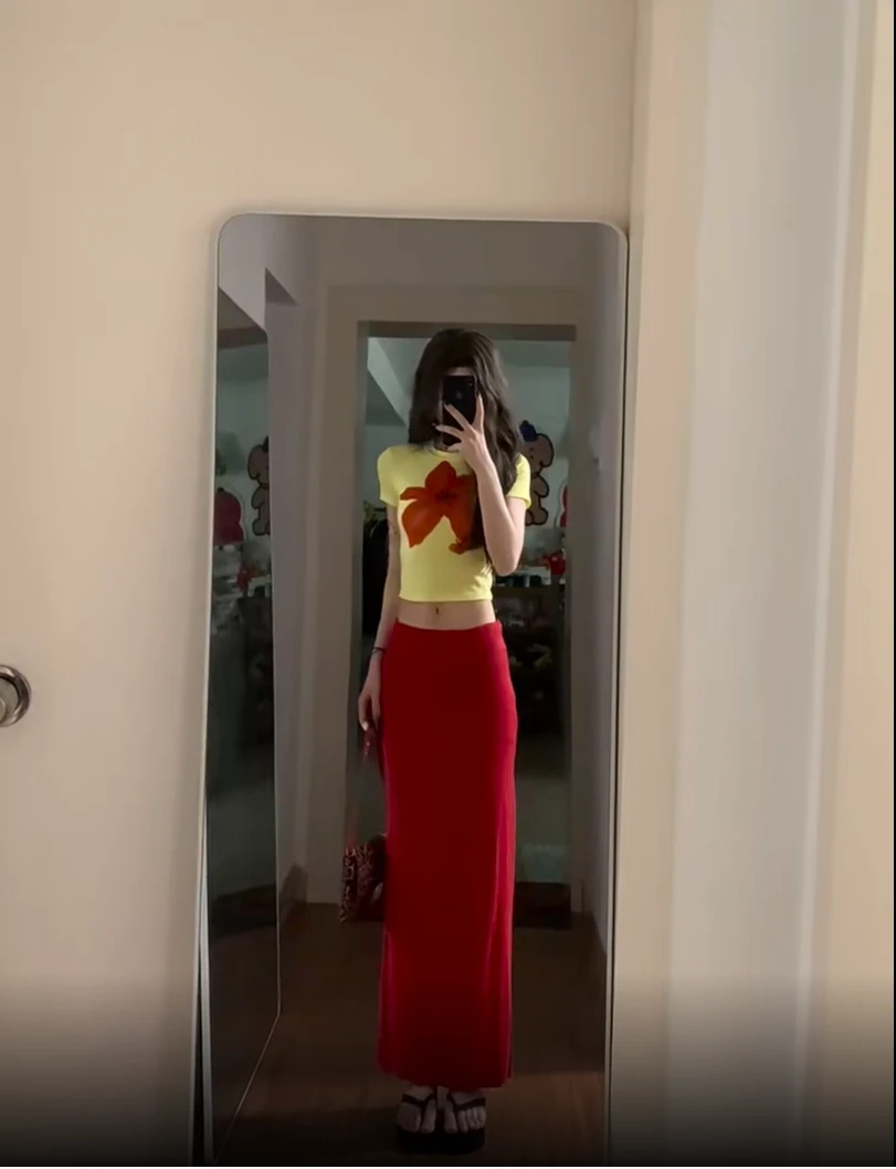 【海岛辣妹】夏季新款度假风美式辣妹花朵印花上衣配高腰半身裙套装