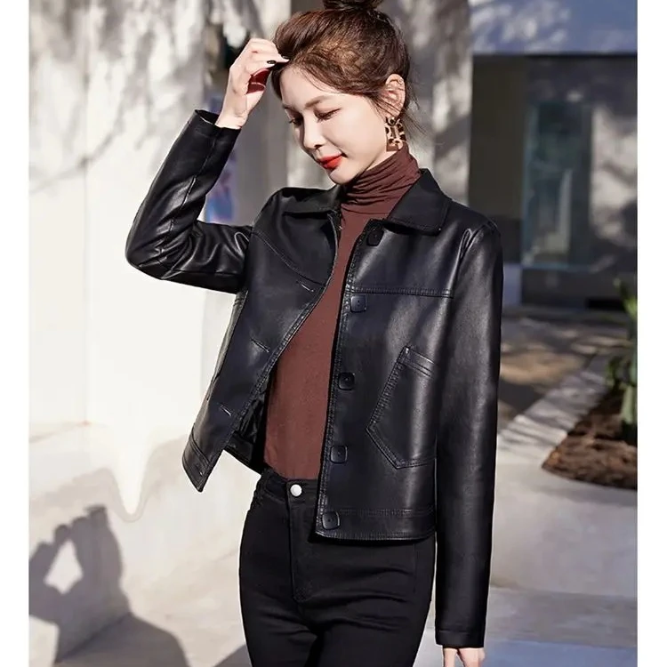 海宁皮衣女春秋短款高档潮流气质显瘦百搭皮夹克女小个子修身外套