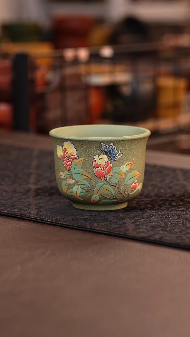 茶杯紫砂新品豆青砂芍药花杯