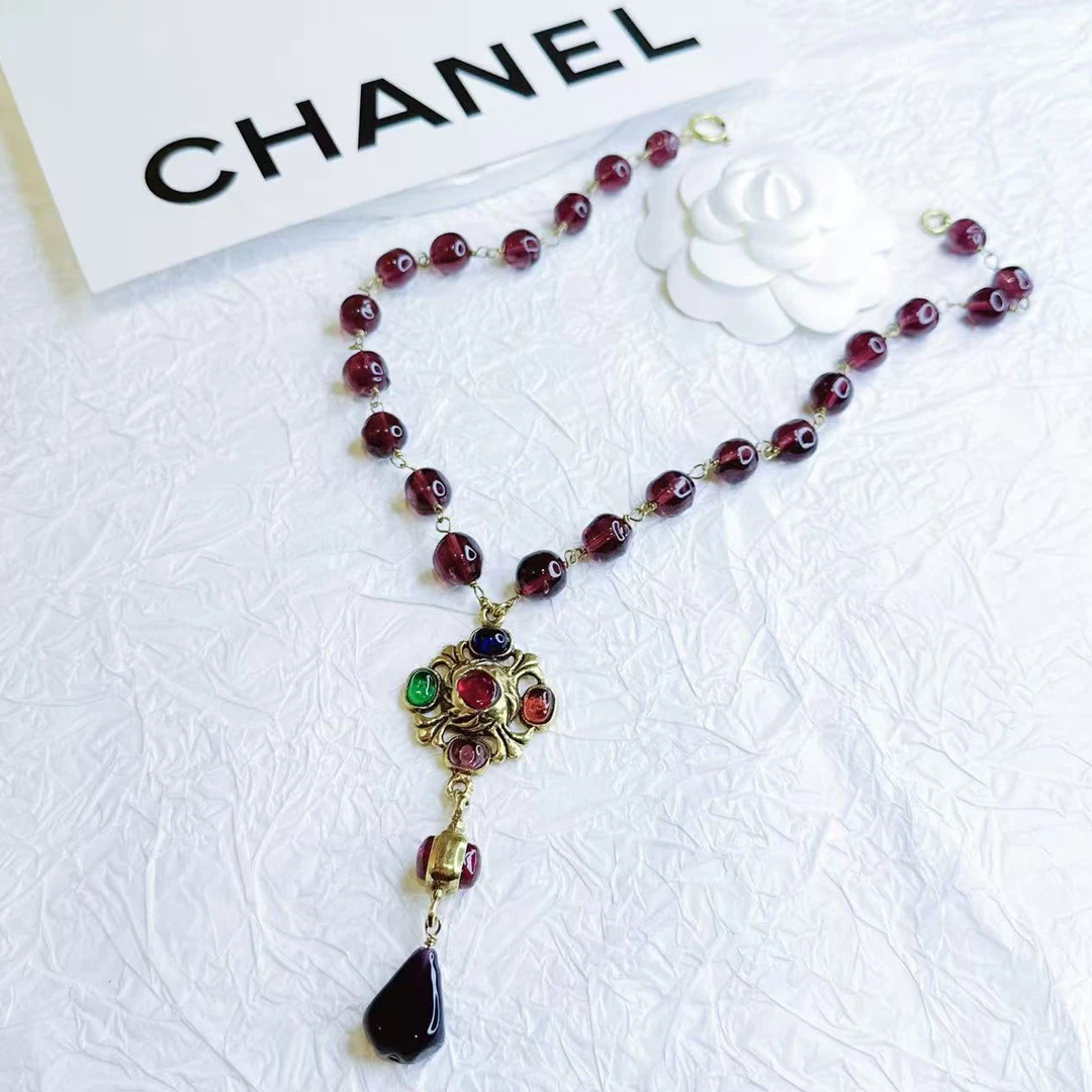 95新 Chanel/香奈儿 柚礼中古/香奈儿紫色琉璃吊坠项链LZ503457