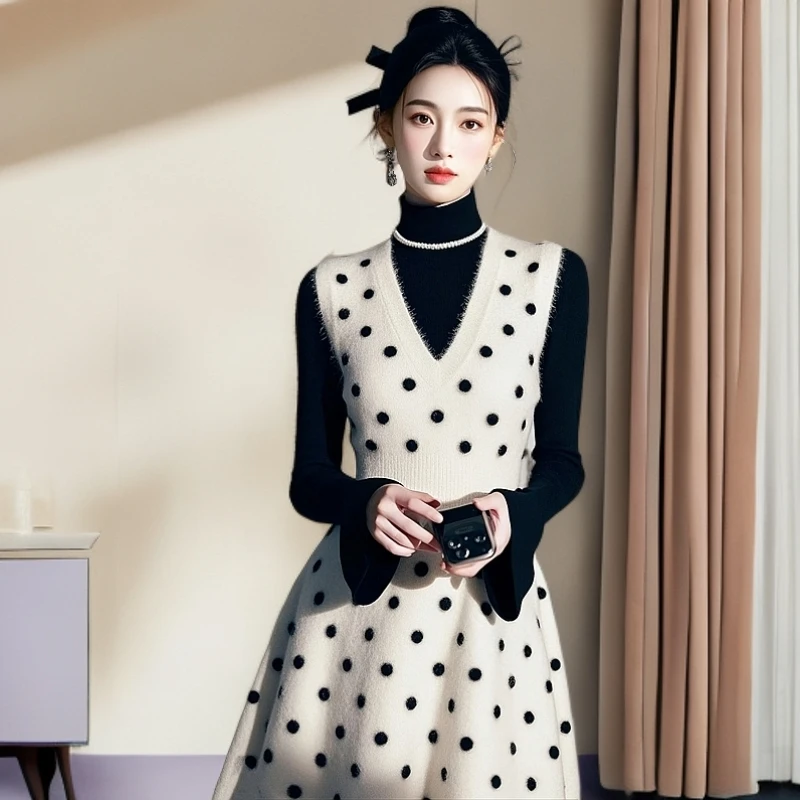 千语栀【罗勒清晨】法式小香风连衣裙高级感波点针织高贵气质裙子女