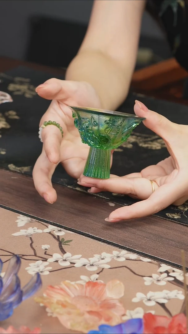手工艺品琉璃蓝绿色荷花高足茶盏