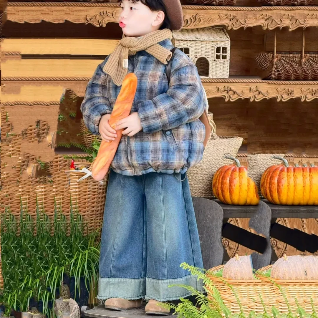 男童冬季新款格子洋气棉服短款2025韩版男女宝中小童潮流棉服抱被
