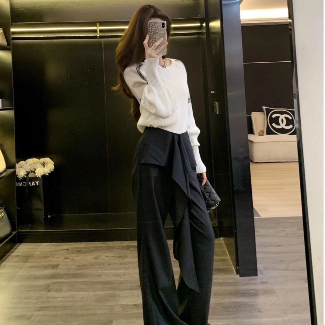 气质显瘦设计感外穿阔腿裤休闲白色长袖上衣2025秋季新款时尚套装