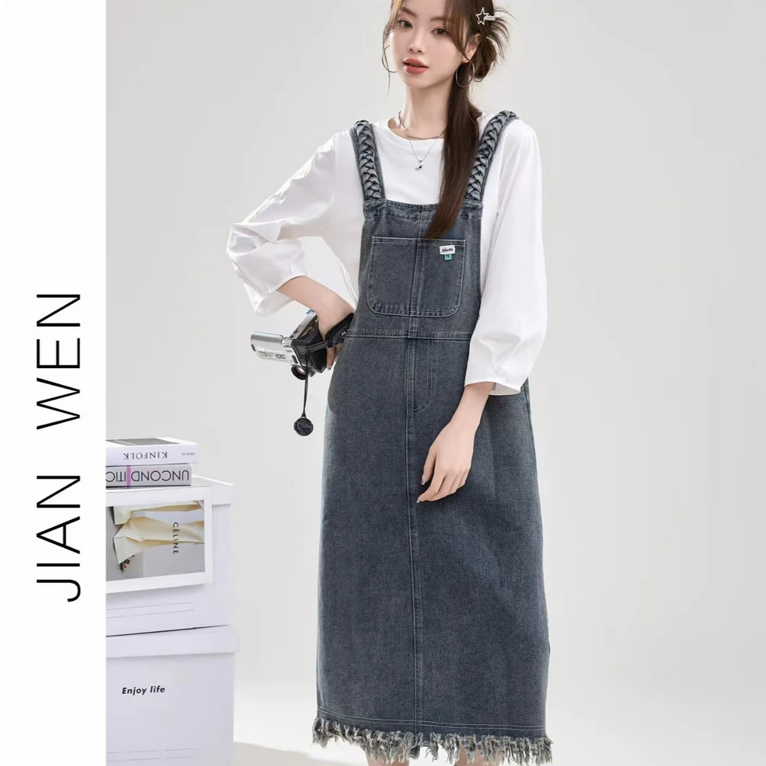 2025夏季新款复古毛边流苏牛仔背带连衣裙女学院风开叉休闲中长裙