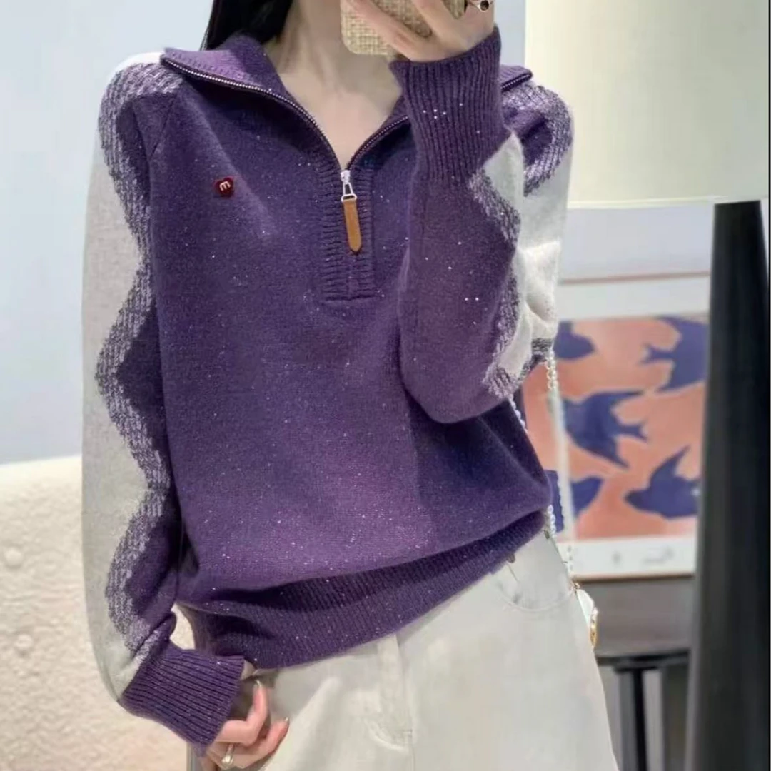 【阿东专属】秋冬新款时尚洋气半拉链拼色套头针织衫C5011750