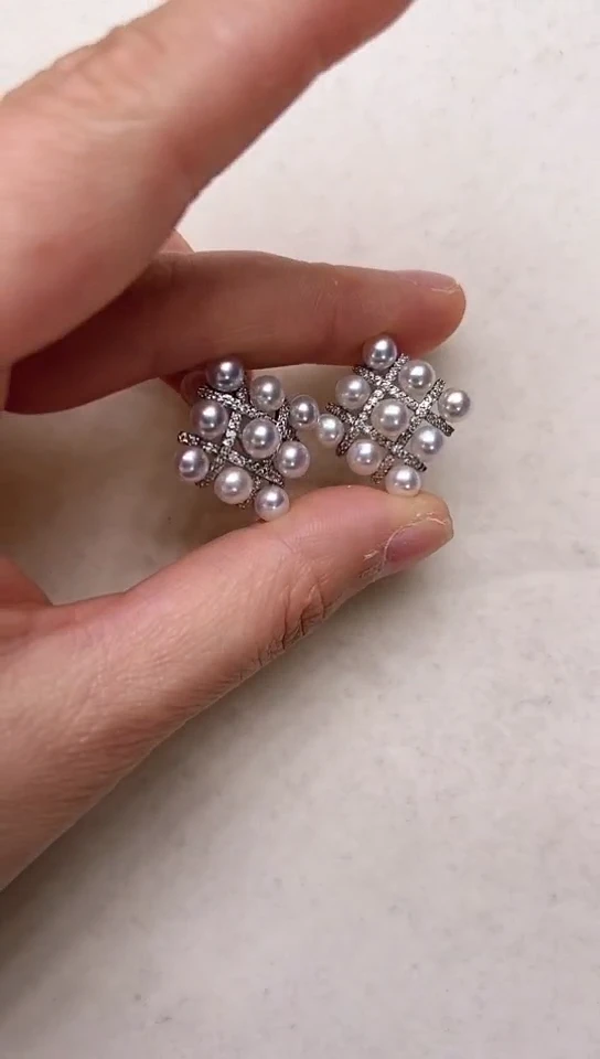 【闪购商品】淡水珍珠耳饰合金棋盘银色