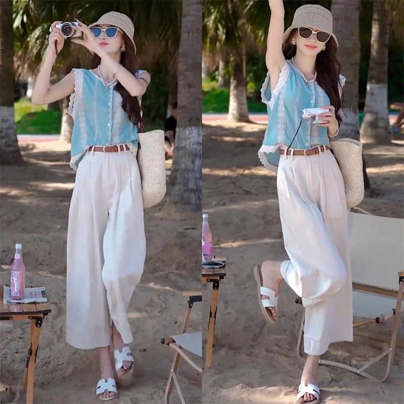 夏装搭配一整套小个子无袖衬衫上衣高腰洋气减龄显瘦阔腿九分裤女
