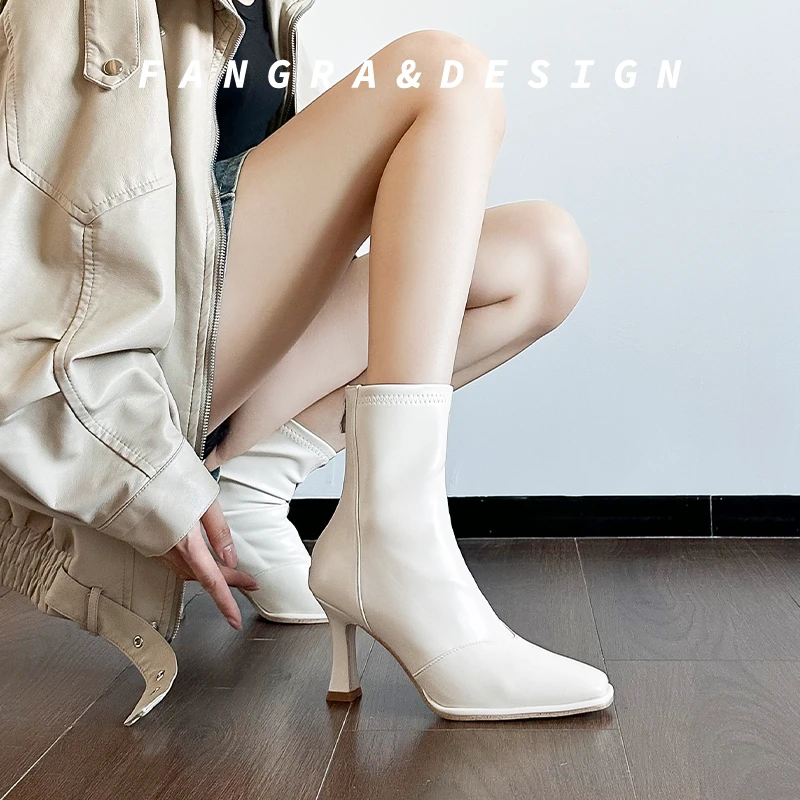 法式短靴女2025年秋冬高跟鞋新款方头百搭拼接瘦瘦靴细跟弹力靴子