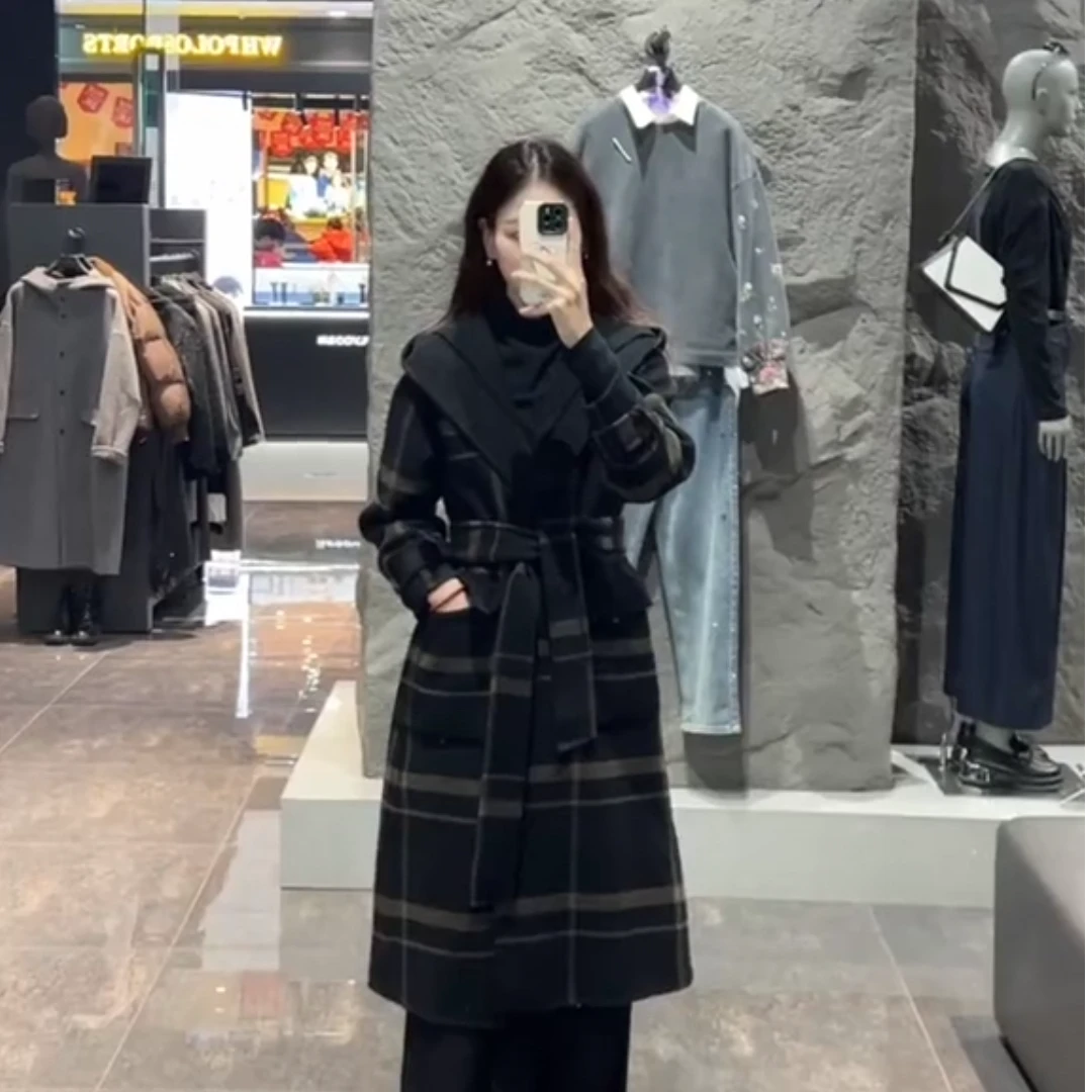 圣迪奥冬季时尚气质设计师格纹长款百搭毛呢外套S21481834