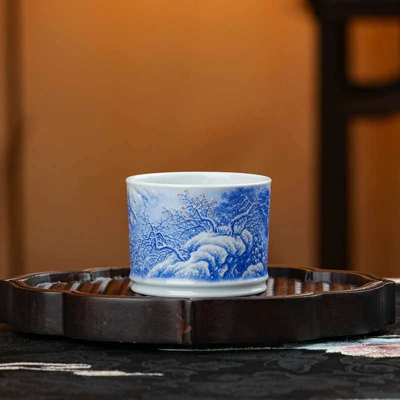 一儒堂  釉上苏麻离青雪景竹杯 陶瓷手工纯手工茶杯茶具  YR139