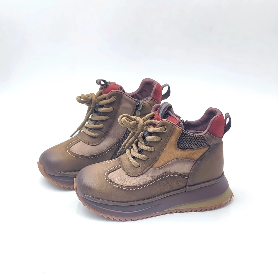 秋冬款高帮运动女鞋牛皮拼色复古厚底休闲时尚增高舒适加绒老爹鞋