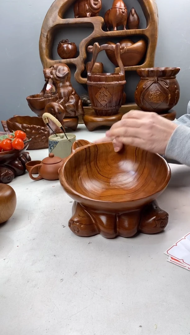 香樟木A41猫猫果盆/尺寸21*21*13