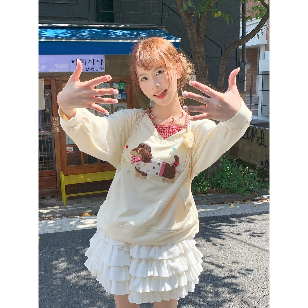 sinsingirl 奶霜萌汪 腊肠狗拼格子卫衣套装 卫衣+半身裙