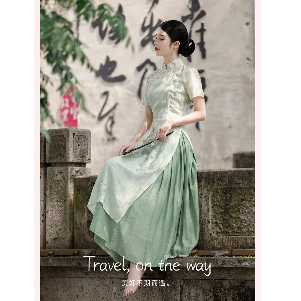 【暮颜专属】新中式改良旗袍+百褶吊带仙女国风连衣裙6559