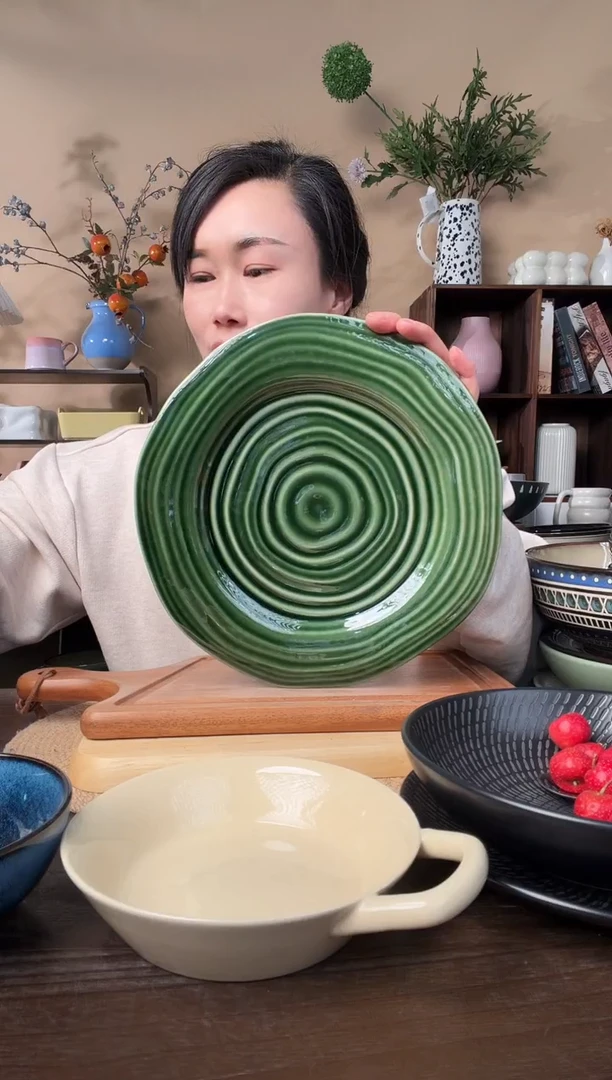 10.5英寸异形窑变绿螺纹大盘微瑕