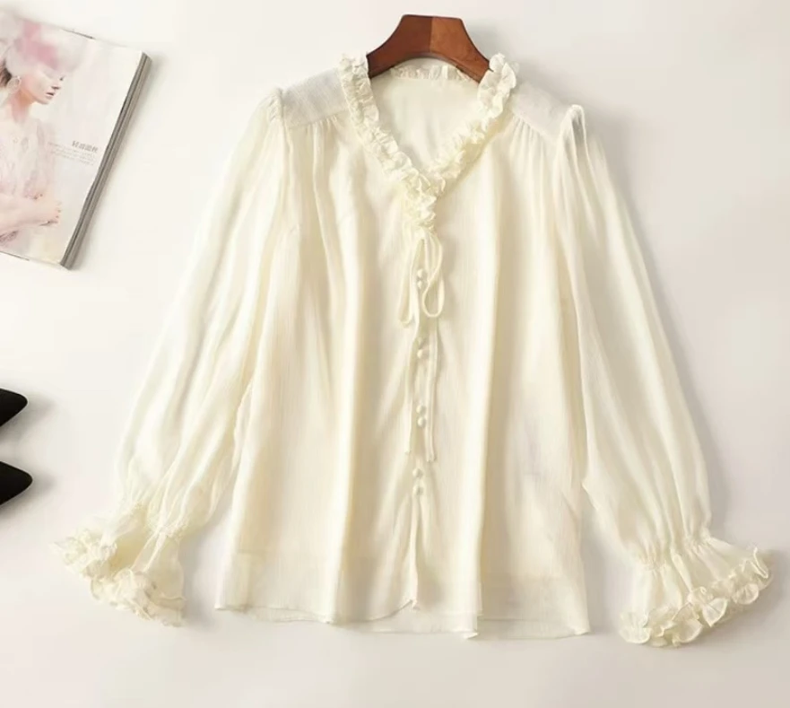 【意法档口果果】立领法式长袖宽松型雪纺衫打底时尚赫本风F086