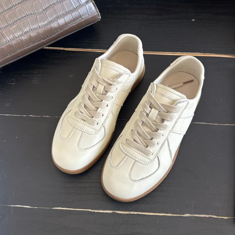 真皮复古德训鞋女系带平底休闲板鞋百搭运动小白鞋男女同款