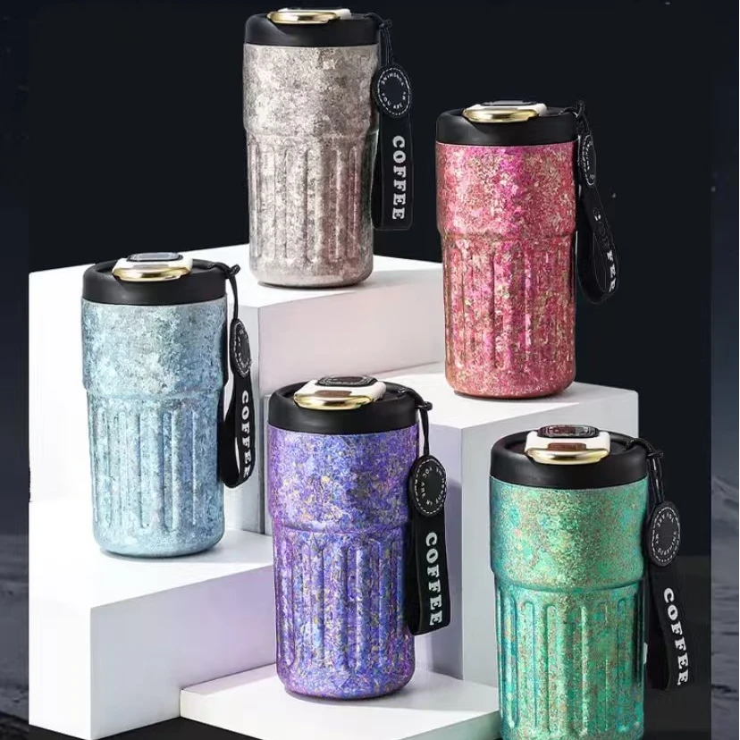 纯钛条纹咖啡杯智能显温高颜值钛杯