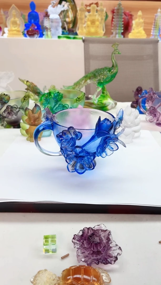 手工艺品琉璃蓝色兰花咖啡杯