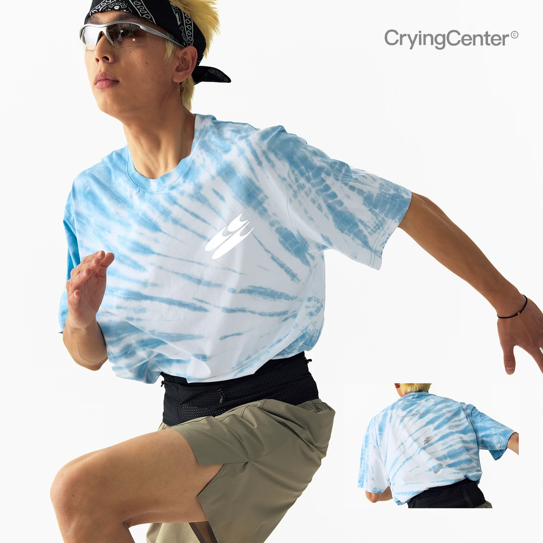 Crying center/哭喊中心 蓝白扎染运动圆领宽松短袖tee
