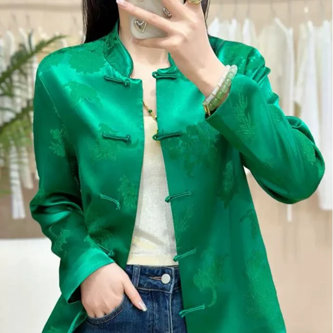 MOMO花纹直襟唐装网红薄款短款V领宽松常规款中式女士上衣提花